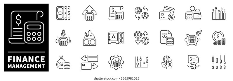 Iconos vectoriales de gestión financiera en estilo de línea. Conjunto de iconos de gestión financiera. Iconos de esquema relacionados con las finanzas y la gestión