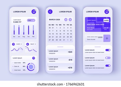 Finance manager unique design kit. Tracking expenses app with credit card balance, payment reminders and analytics. Online banking UI, UX template set. GUI for responsive mobile application