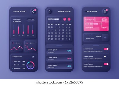 Finance manager unique neumorphic design kit. Tracking expenses app with credit card balance, payment reminders and analytics. Online banking UI, UX template set. GUI for responsive mobile application