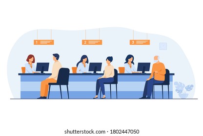 Finance managers working with clients isolated flat vector illustration. Cartoon people sitting in bank office for money exchange. Bank interior and credit department concept