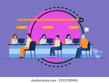 Finance managers working with clients isolated flat vector illustration. Cartoon people sitting in bank office for money exchange. Bank interior and credit department concept