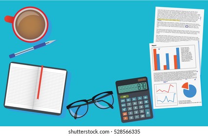 Finance Managment Desk Workspace Top View Calculator, Pen And Papers Material Design Vector Illustration Isolated On Blue Background 