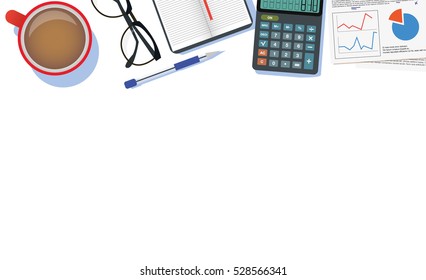 Finance Managment Desk Workspace Top View Calculator, Pen And Papers Material Design Vector Illustration Isolated On White Background