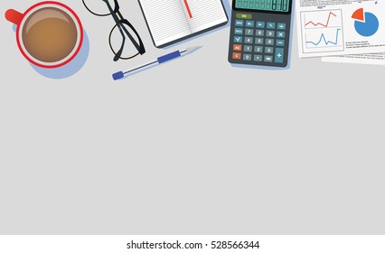 Finance Managment Desk Workspace Top View Calculator, Pen And Papers Material Design Vector Illustration Isolated On Gray Background