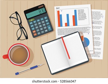 Finance Managment Desk Workspace Top View Calculator, Pen And Papers Material Design Vector Illustration Isolated 
