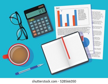 Finance Managment Desk Workspace Top View Calculator, Pen And Papers Material Design Vector Illustration Isolated On Blue Background