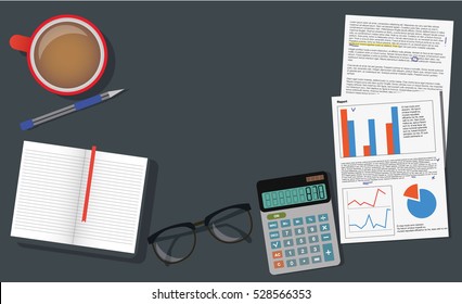 Finance Managment Desk Workspace Top View Calculator, Pen And Papers Material Design Vector Illustration Isolated On Black Background