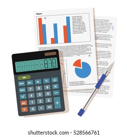 Finance Managment Desk Workspace Top View Calculator, Pen And Papers Material Design Vector Illustration Isolated On White Background Clipart