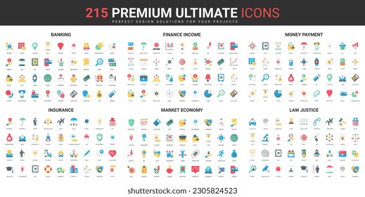 Finance and market economy color flat icons set vector illustration. Abstract symbols of banking and insurance of financial income and money payment, law justice simple design for mobile and web apps