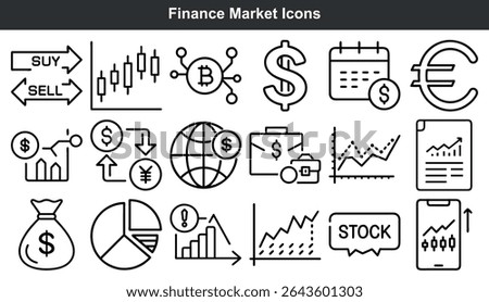 Finance Market Icons Set Black Line Art Graphics vector