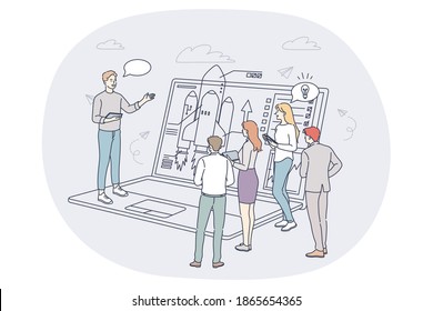 Finance, marketing data analytics, teamwork concept. People business partners workers cartoon characters analysing financial data and discussing development and startup conditions in office 