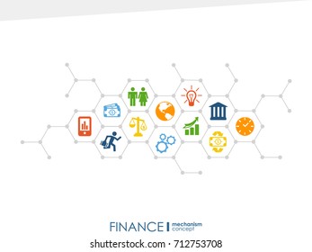 Finance mechanism interact concept. Connected graphic design dot and line system. Abstract background for money bank, market transaction. Vector Infograph