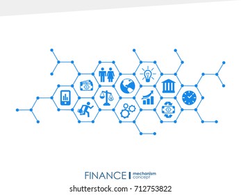 Finance mechanism interact concept. Connected graphic design dot and line system. Abstract background for money bank, market transaction. Vector Infograph