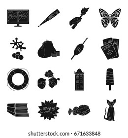 finance, medicine, education and other web icon in black style. travel, construction, technology icons in set collection.