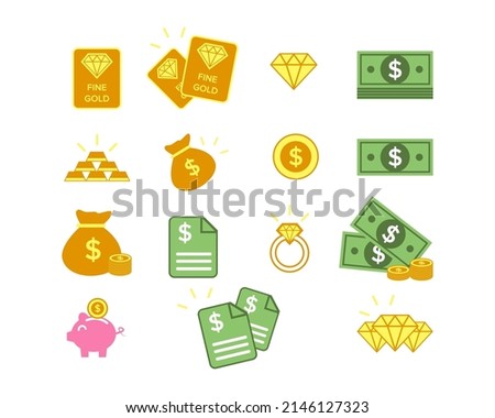 Finance minimalist icon shape. Bank, money, dollar, coin, piggy bank, document, diamond, gold, goldbar, ring isolated premium business vector icon.