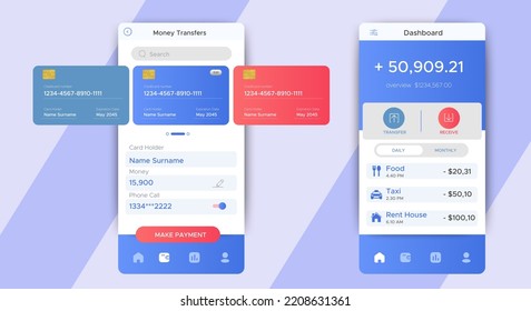 Aplicación de financiamiento de banca móvil. UI, UX, GUI establecida con cartera, compras, mi cuenta, transferencia de fondos, pago de facturas, detalles de productos. Plantilla vectorial de interfaz bancaria móvil. Pago en línea. pantalla de pago electrónico
