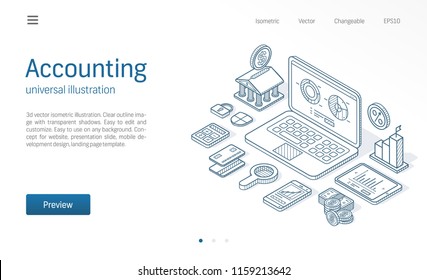 Finance modern isometric line illustration. Digital report business sketch drawn icons. Abstract 3d vector background. Account, audit, tax, market analysis, online bank concept. Landing page template
