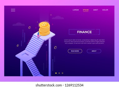 Finance - modern isometric vector landing page template on purple background with copy space for text. A website header with businessman, manager rolling coins up the staircase, reaching the top