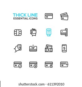 Finance - modern vector single thick line icons set. Credit card, microchip, hand, registrator, dollar bill, mobile device, check, denial, lock