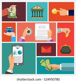 finance, money and analytics flat retro illustrations.Vector online banking concepts set - pay and receive money using mobile devices.