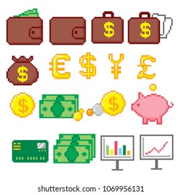 Finance, money and bank Pixel icon set. Old school computer graphic style. Game assets 8-bit sprite.