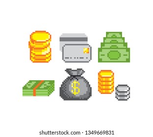 Finance, money and bank Pixel icon set. Old school computer graphic style. Game assets 8-bit sprite.