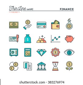 Finance, Money, Banking, Business And More, Thin Line Color Icons Set, Vector Illustration
