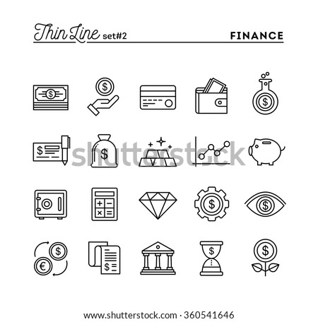 Finance, money, banking, business and more, thin line icons set, vector illustration