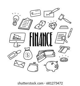 Finance, money and business related hand drawn doodle icons.