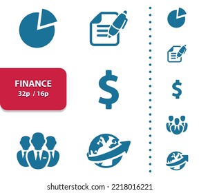 Finance, money, business vector icons set. Professional, pixel perfect icons, EPS 10 format, optimized for 32p and 16p (4x magnification for preview).