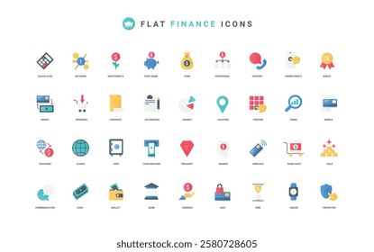 Finance and money, cash and credit card payment, financial transaction and jackpot color icon set. Piggy bank and purse bag with dollar, gold stack, safety deposit flat elements vector illustration