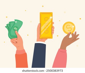 Finance and money concept, Hand holding gold bar, coin and bill. Wealth and investment concept. Payment and transaction concept.