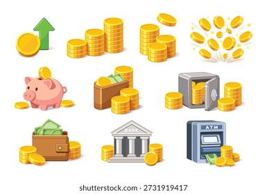 Finance and Money Concept Icon Set with Coins, Wallet, Bank, ATM and Savings