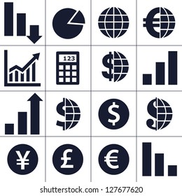 Finance, money, currency exchange, world economy, financial analysis icons.