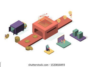 Finance money development isometric vector illustation. COloful illustration for landing page or presentation of kickstart idea to coin production. 