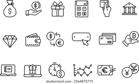 "Finance and Money Editable Stroke Outline Icons: From Currency to Cryptocurrency"