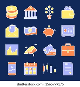 Finance and money icon collection in colored line style. Banking and investment activities symbols isolated. Vector illustration.
