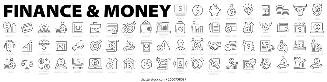Finance and money icon set. Money icon collection. Loan, cash, saving, financial goal, profit, budget, mutual fund, earning, auction, exchange, payment, wallet, deposit, piggy, calculator and more