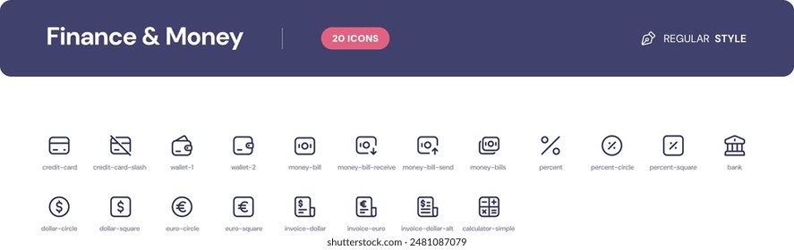 Conjunto de iconos de Finanzas y Dinero. Iconos de IU esenciales establecidos en estilo de línea. El conjunto consta de iconos esenciales y de uso común que todo diseñador de interfaz de usuario necesita.