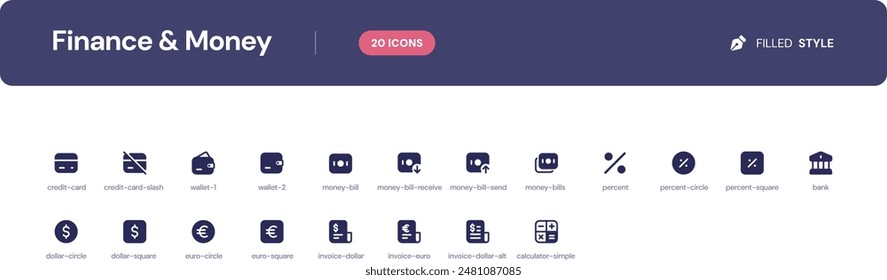 Finance and Money icon set. Essential UI Icons Set in Filled Style. The set consists of essential and commonly-used icons that every UI designer needs.