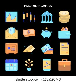 Finance and money icon set in flat style. Banking and investment activities symbols collection. Vector illustration.