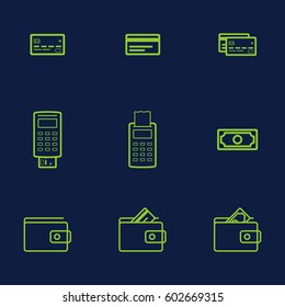 Finance money icon set pack. Credit card, banknote, wallet, atm terminal, wallet. Green color.