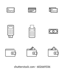 Finance money icon set pack. Credit card, banknote, wallet, atm terminal, wallet. Classic black and white colors.