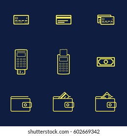 Finance money icon set pack. Credit card, banknote, wallet, atm terminal, wallet. Yellow color.