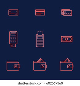 Finance money icon set pack. Credit card, banknote, wallet, atm terminal, wallet. Red color.