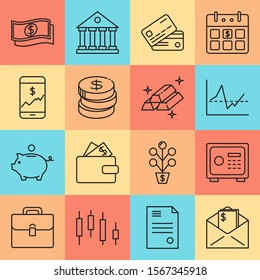 Finance and money icon set in thin line style. Banking and investment activities symbols. Vector illustration.