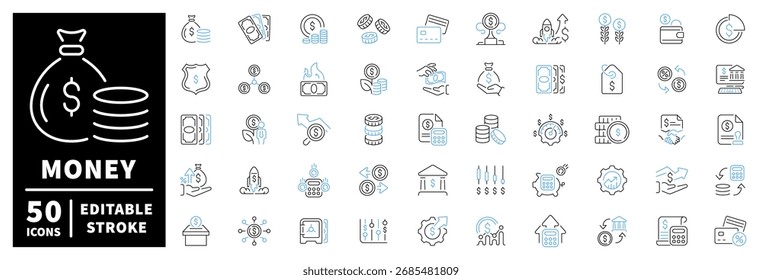 Finanz- und Geldsymbole - bearbeitbare Liniensymbole, Umrisse, Währung, Banksymbole