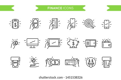 Finance, money icons set isolated. Line art. Editable. Signs and symbols. Modern simple style. Phone, monitor, target, coin, tablet, piggy bank, safe, wallet. Flat style vector illustration.