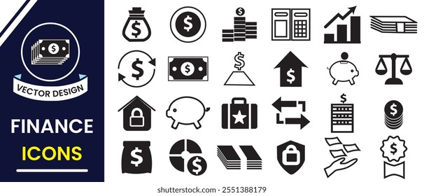 Finance, Money icons, vector set. Money, Finance, Payment, Business, Vector Illustration. Income Tax, Finance and business icon, vector set design. Investment and banking service icon design.  
