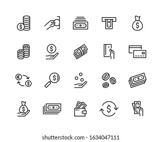 Finance money line icons. Banking outline set with money bag, coins, credit card, wallet signs isolated on white background. Vector illustration editable strokes